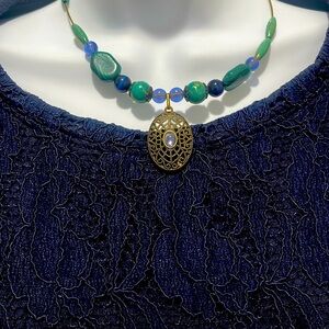 Elegant Green and Blue Beaded Necklace with Pendant